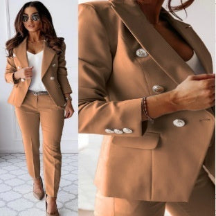 Women’s Casual Blazer Suit – Slim Lapel Double-Breasted Jacket & Zip-Up Trousers | Elegant Modern Two-Piece Outfit