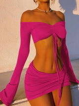 Drawstring Drop Ruched Off Shoulder Two-piece Skirt Set Y2K Long Sleeve Top & Bodycon Skirt Outfits Women's Clothing