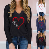 V-Neck Valentine’s Day Printed T-Shirt – Long Sleeve Loose Fit Top | Casual Romantic Women’s Shirt
