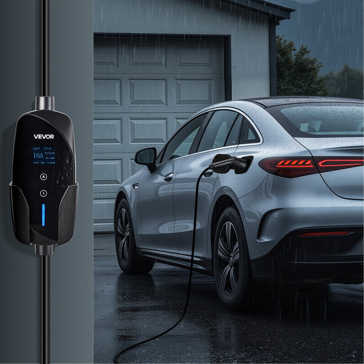 Smart Wallbox Portable EV Charger – Level 1 & 2, 16A Adjustable Current, 120V/240V with LCD Display