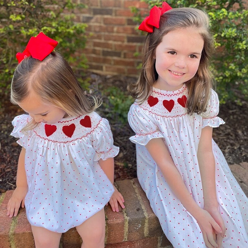 Baby Girl Valentine’s Day Dress – Red Heart Embroidered Smocked Princess Party Dress with Headband | Short Sleeve Outfit