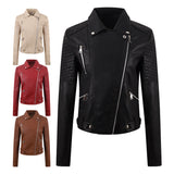 Women’s PU Leather Motorcycle Jacket – Short Slim-Fit Washed Leather Biker Coat with Oblique Zipper