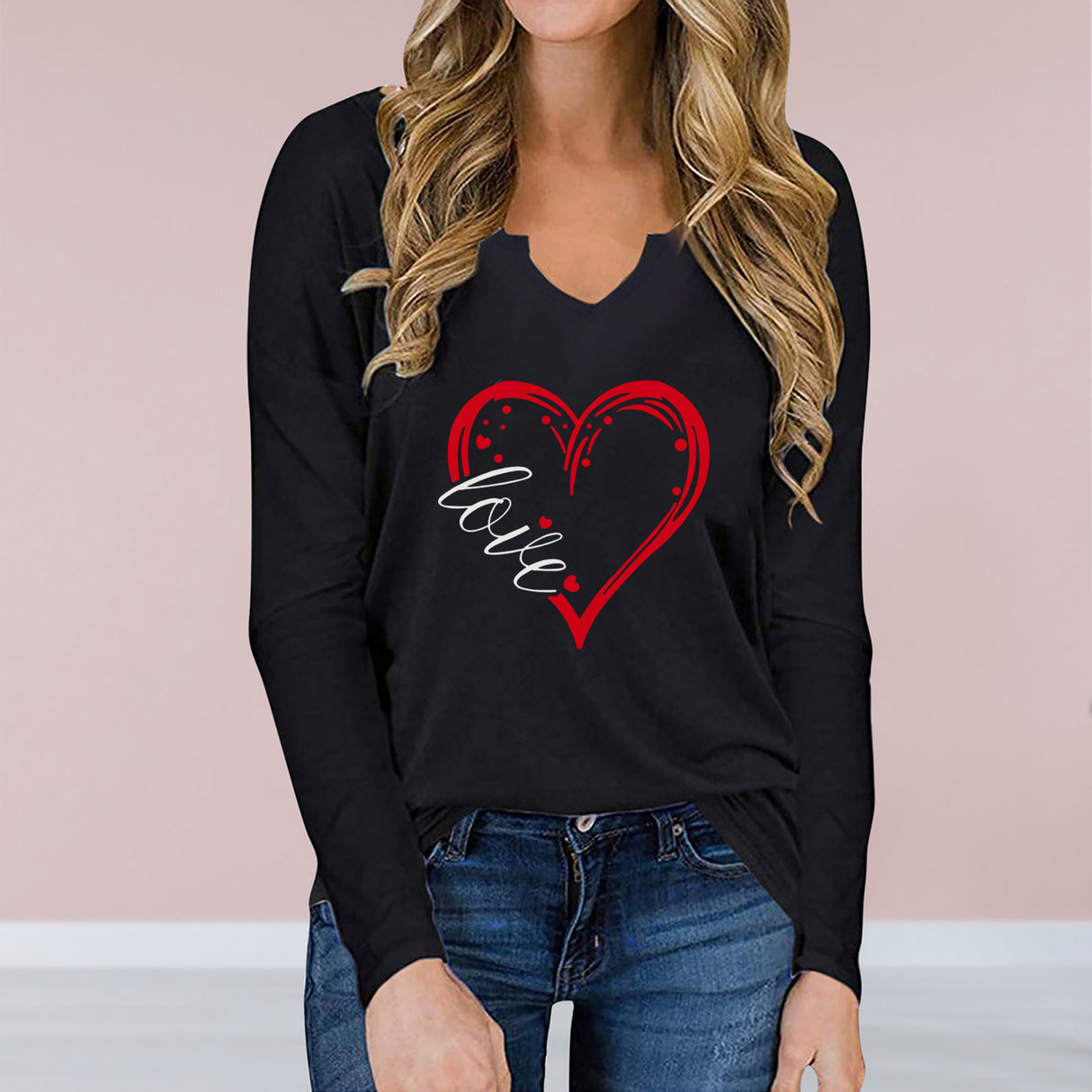 V-Neck Valentine’s Day Printed T-Shirt – Long Sleeve Loose Fit Top | Casual Romantic Women’s Shirt