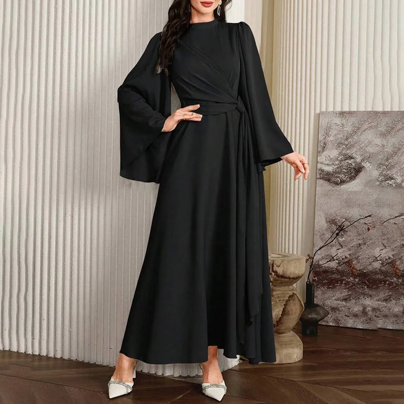 Women’s Middle Eastern Flare Sleeve Maxi Dress – High Neck Twist Waist A-Line Gown | Elegant Modest Evening Dress