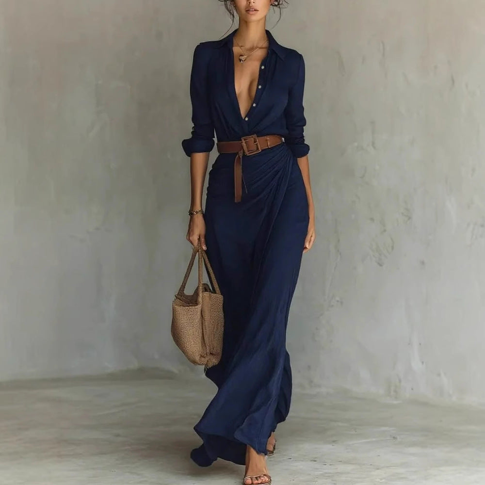 Irregular Long Shirt Dress with Belt – Elegant Button Lapel Long Sleeve Dress | Office & Daily Commuting Women’s Fashion