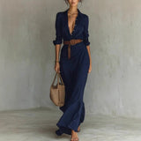 Irregular Long Shirt Dress with Belt – Elegant Button Lapel Long Sleeve Dress | Office & Daily Commuting Women’s Fashion