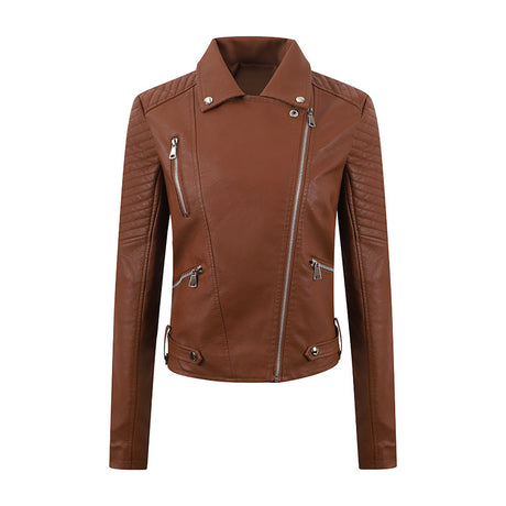 Women’s PU Leather Motorcycle Jacket – Short Slim-Fit Washed Leather Biker Coat with Oblique Zipper