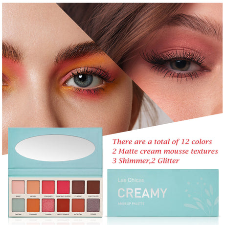 Las Chicas 12-Color High Pigment Eyeshadow Palette – Silky Cream Makeup with Rich Color Payoff | Cruelty-Free Beauty Palette