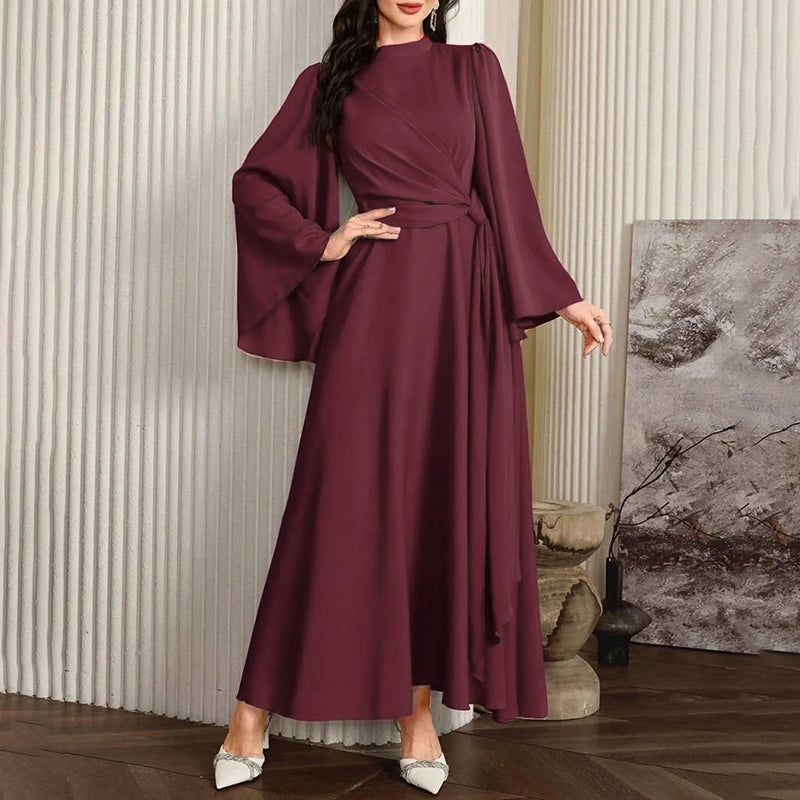 Women’s Middle Eastern Flare Sleeve Maxi Dress – High Neck Twist Waist A-Line Gown | Elegant Modest Evening Dress