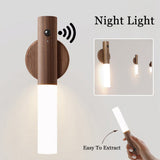 LED Motion Sensor Night Light – USB Rechargeable Magnetic Wood Wall Lamp | Wireless PIR Cabinet Light for Hallway, Closet & Porch