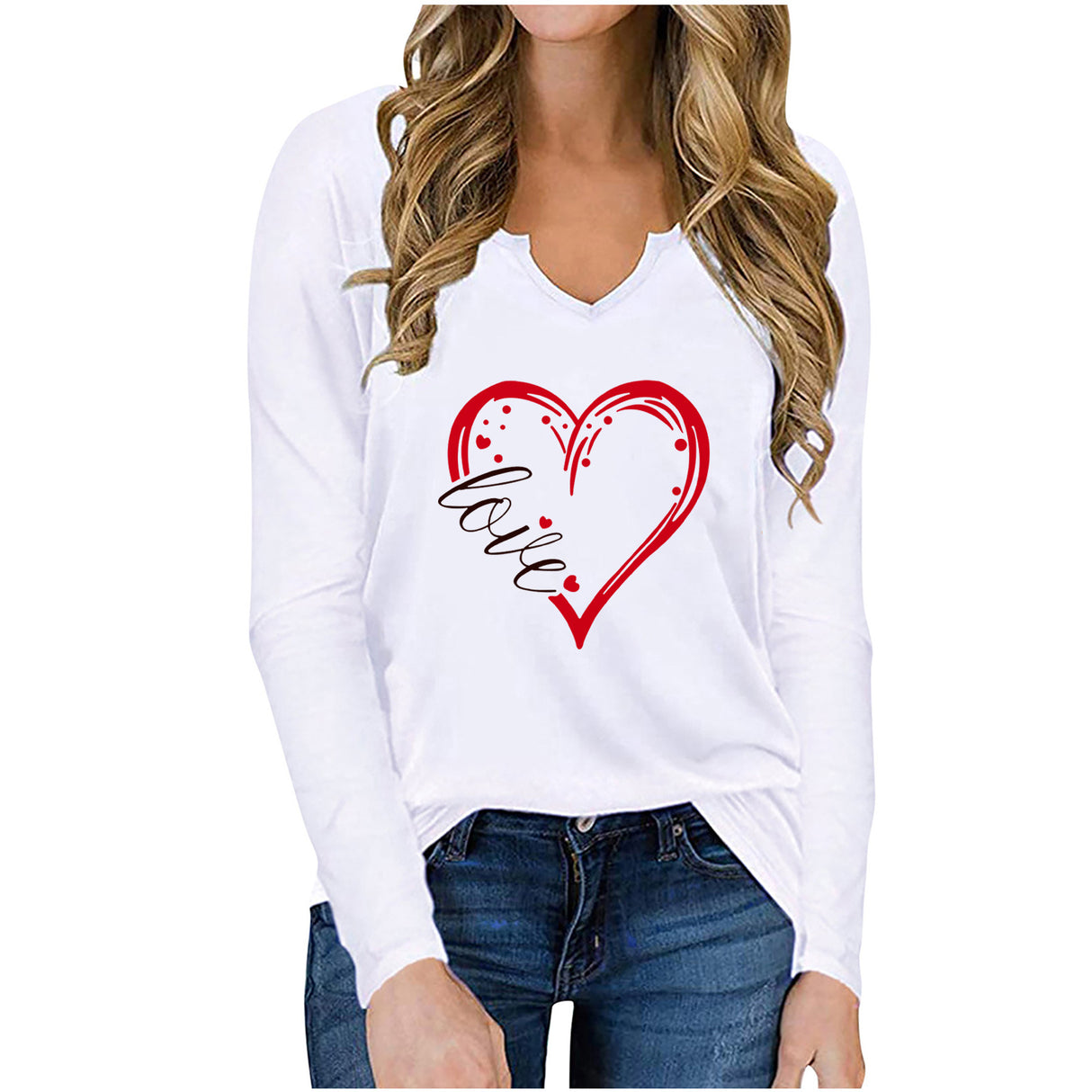 V-Neck Valentine’s Day Printed T-Shirt – Long Sleeve Loose Fit Top | Casual Romantic Women’s Shirt