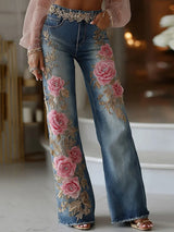 Women’s Retro Printed Faux Denim Jeans – High-Waist Stretch Fashion Pants