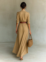 Irregular Long Shirt Dress with Belt – Elegant Button Lapel Long Sleeve Dress | Office & Daily Commuting Women’s Fashion