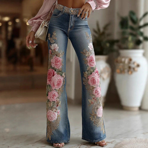Women’s Retro Printed Faux Denim Jeans – High-Waist Stretch Fashion Pants