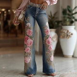 Women’s Retro Printed Faux Denim Jeans – High-Waist Stretch Fashion Pants