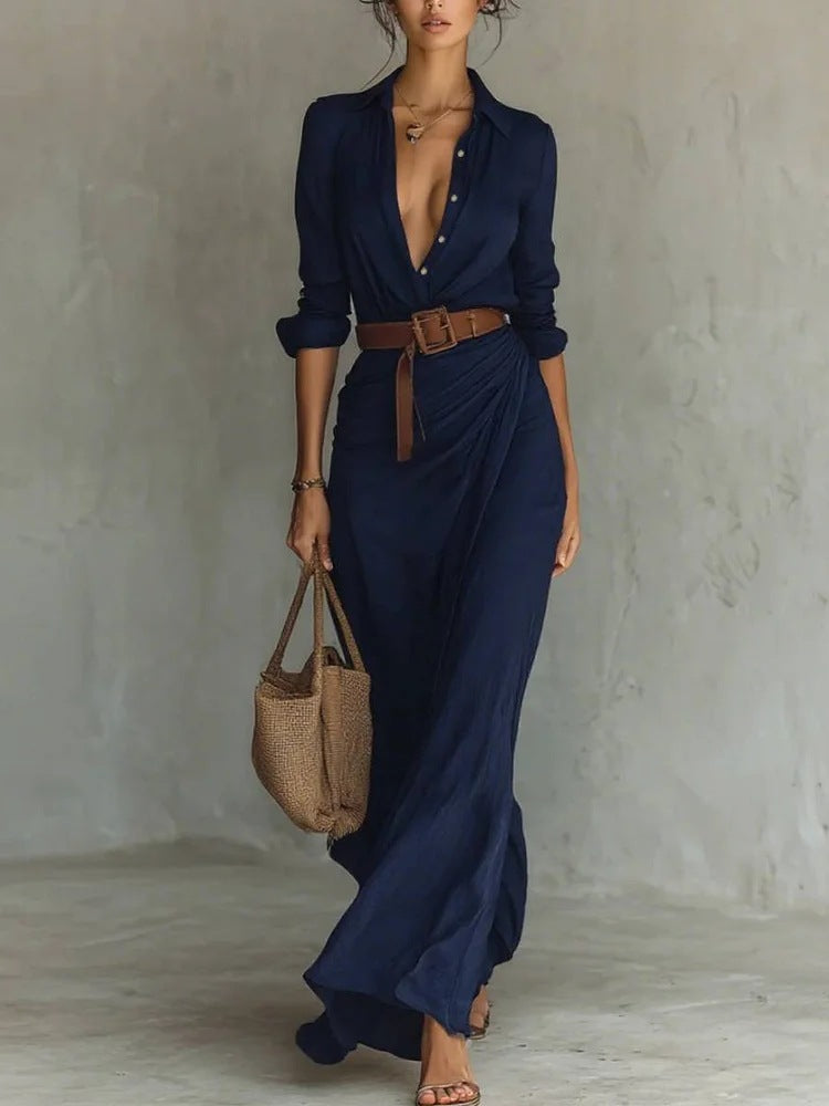 Irregular Long Shirt Dress with Belt – Elegant Button Lapel Long Sleeve Dress | Office & Daily Commuting Women’s Fashion