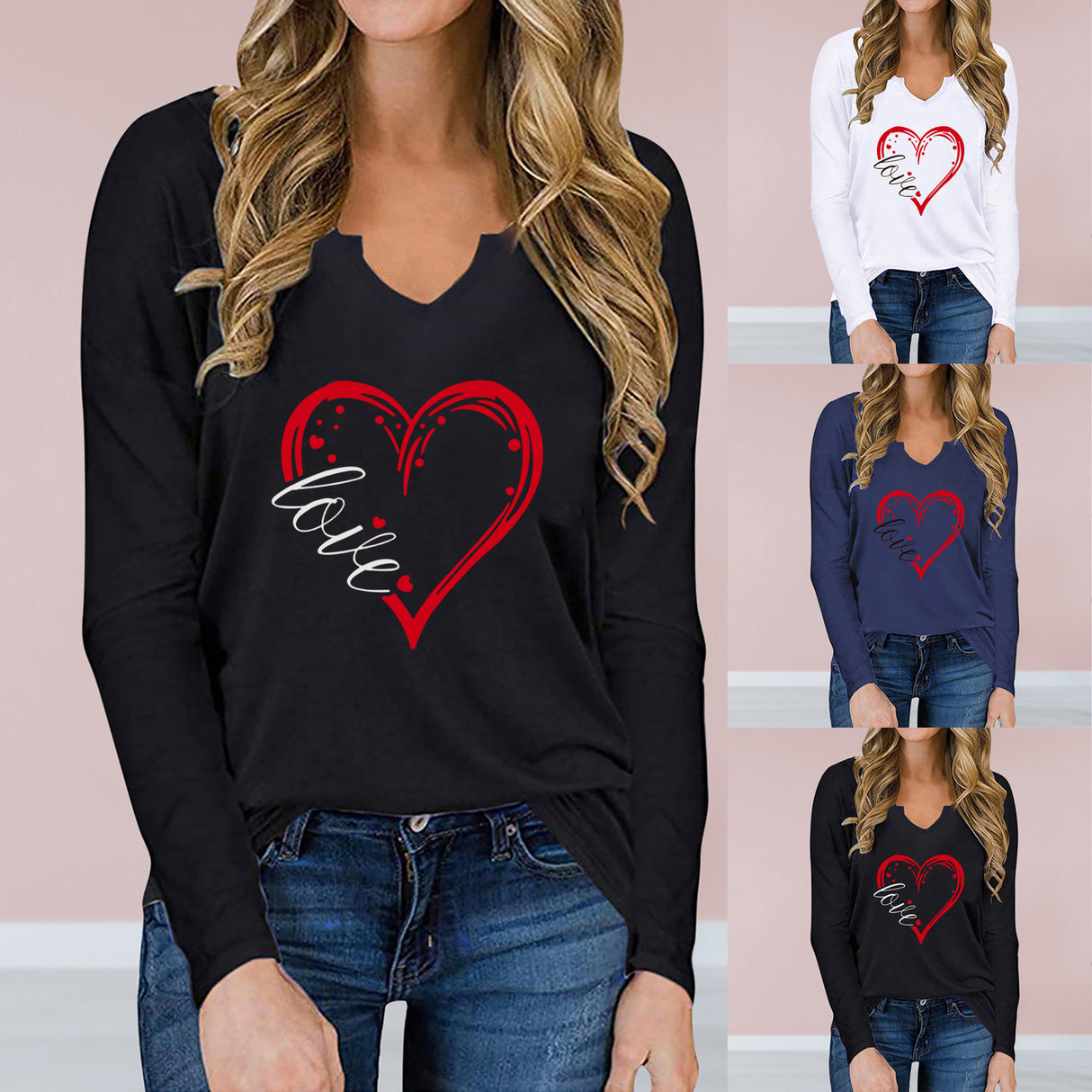 V-Neck Valentine’s Day Printed T-Shirt – Long Sleeve Loose Fit Top | Casual Romantic Women’s Shirt