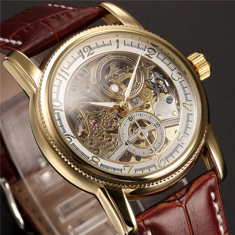 ORKINA MG Luxury Men’s Mechanical Skeleton Watch – Gold Case with Leather Strap (Model Number: MG016)