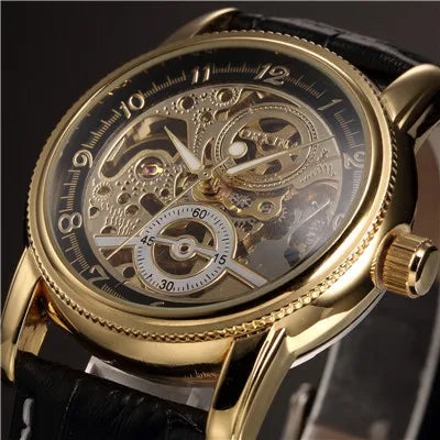 ORKINA MG Luxury Men’s Mechanical Skeleton Watch – Gold Case with Leather Strap (Model Number: MG016)