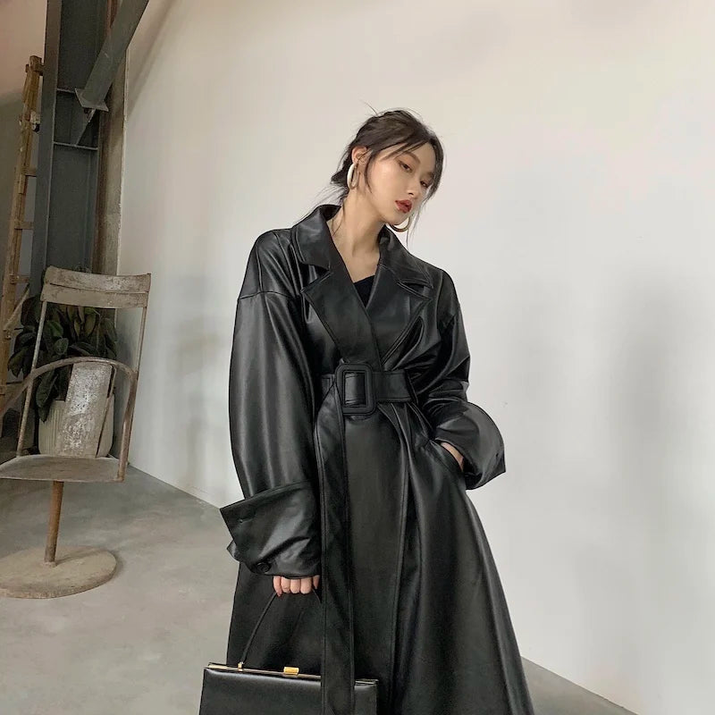Lautaro Long Leather Trench Coat – Oversized Fall Streetwear for Women