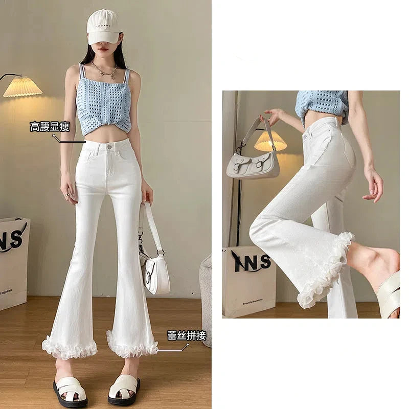 White Lace Spliced Flared Imitation Jeans for Women