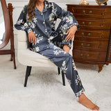 Women’s Satin Floral Pajamas Set – Autumn Long Sleeve Top & Pants Sleepwear | 2-Piece Silk Homewear Pyjama Femme