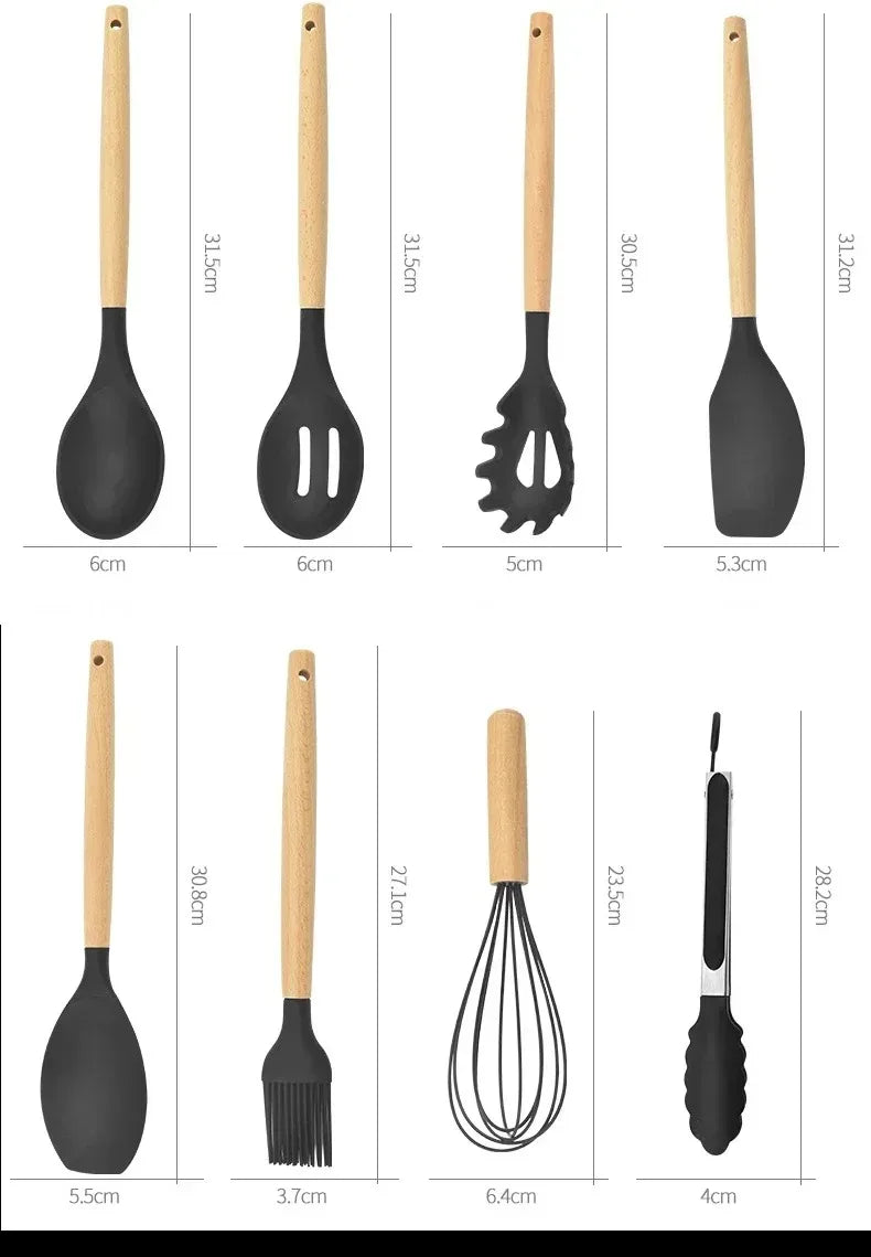 12PCS Silicone Kitchen Utensils Set – Non-Stick Cookware Tools with Wooden Handles
