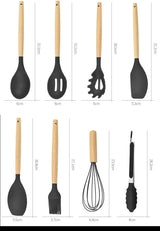 12PCS Silicone Kitchen Utensils Set – Non-Stick Cookware Tools with Wooden Handles