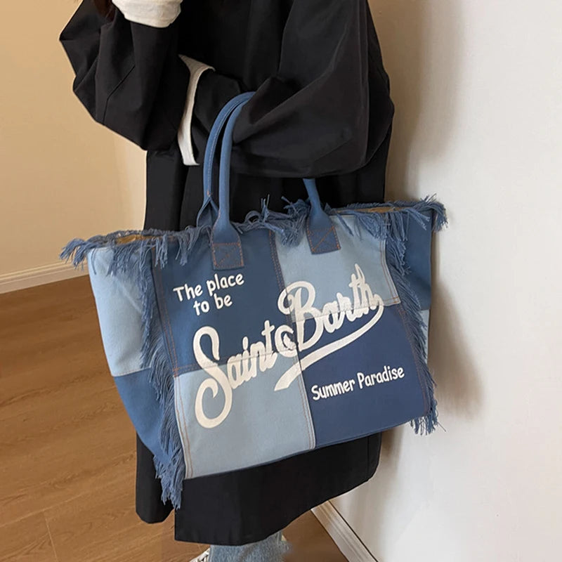 Women’s Denim Printed Beach Bag