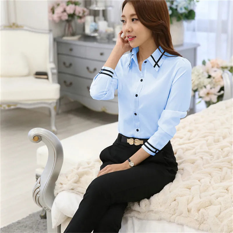 Women’s Long-Sleeve Slim Fit Office Shirt – White/Blue Formal Turn-Down Collar Blouse