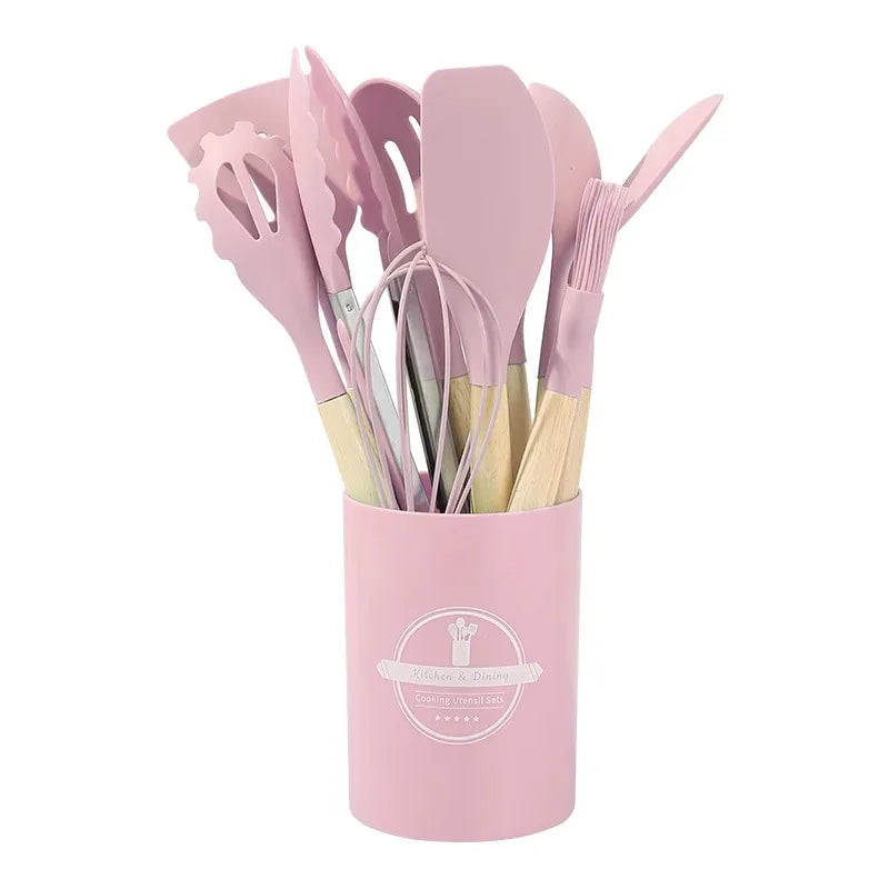 12PCS Silicone Kitchen Utensils Set – Non-Stick Cookware Tools with Wooden Handles