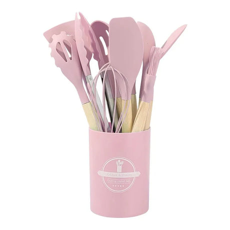 12PCS Silicone Kitchen Utensils Set – Non-Stick Cookware Tools with Wooden Handles