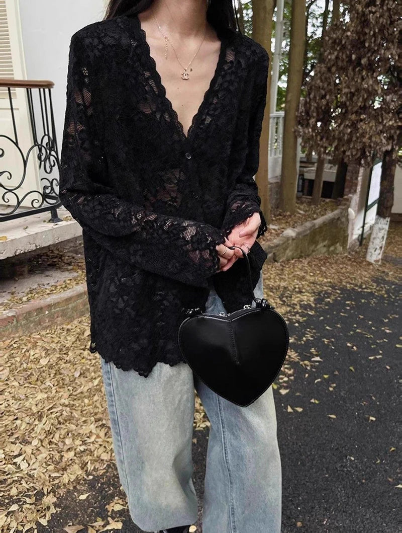 Y2K Lace Sheer Long Sleeve Blouse