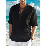 Men’s Classic Casual Stand-Up Collar V-Neck Long Sleeve Shirt