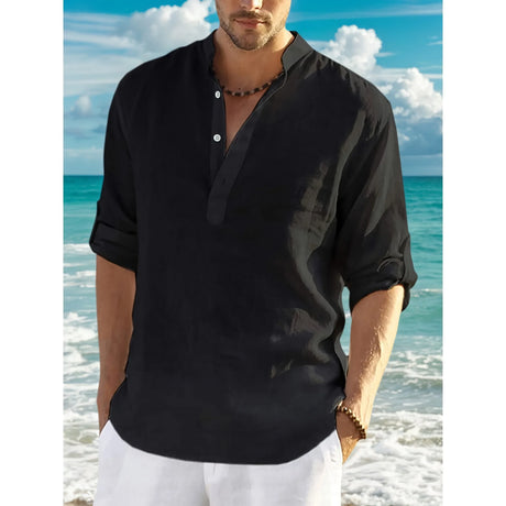 Men’s Classic Casual Stand-Up Collar V-Neck Long Sleeve Shirt