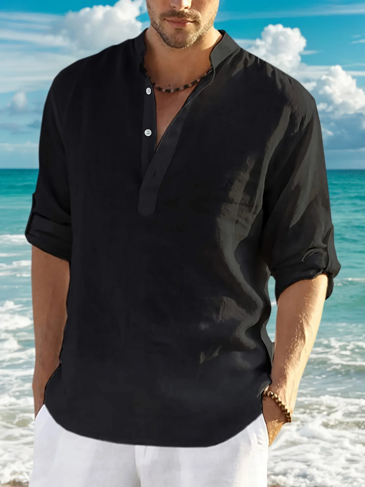 Men’s Classic Casual Stand-Up Collar V-Neck Long Sleeve Shirt