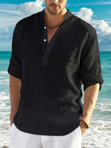 Men’s Classic Casual Stand-Up Collar V-Neck Long Sleeve Shirt