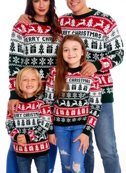 Matching Family Christmas Sweaters – Snowflake & Reindeer Knitted Long Sleeve Pullovers | Holiday Round Neck Jersey Tops