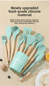 12PCS Silicone Kitchen Utensils Set – Non-Stick Cookware Tools with Wooden Handles