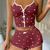 Sexy Satin Sleepwear Set – Heart Print Cami and Shorts for Women