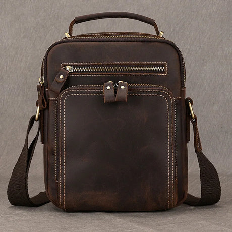 Vintage Crazy Horse Leather Crossbody Bag Dark Brown Casual Travel Shoulder Satchel for Men and Women