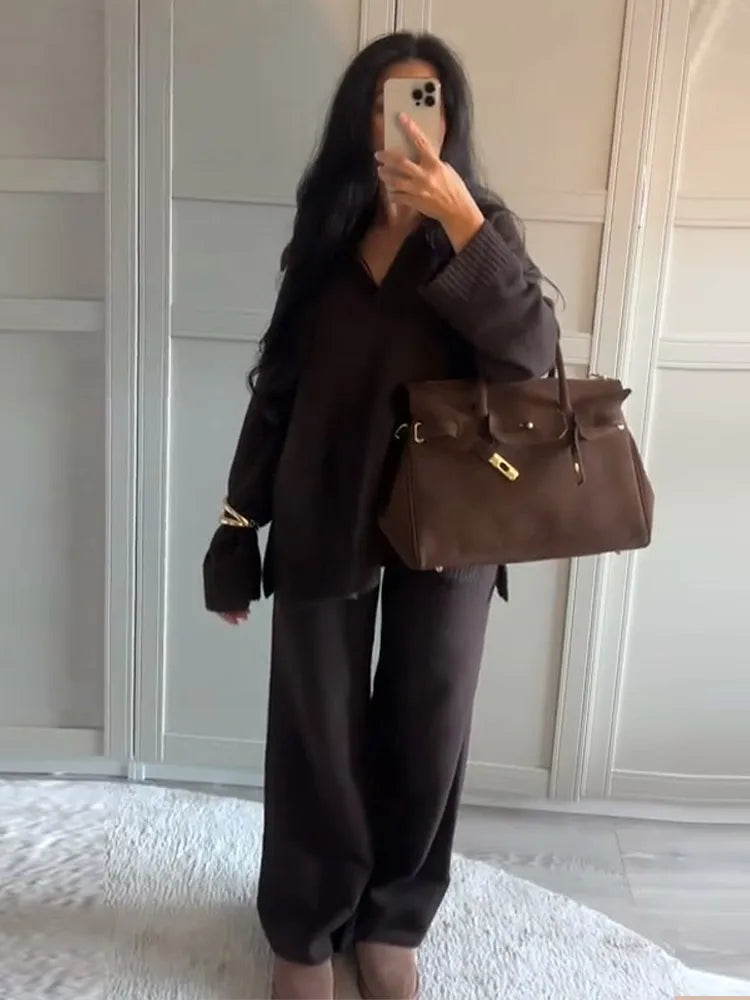 Brown V-Neck Knit Shirt and Pants