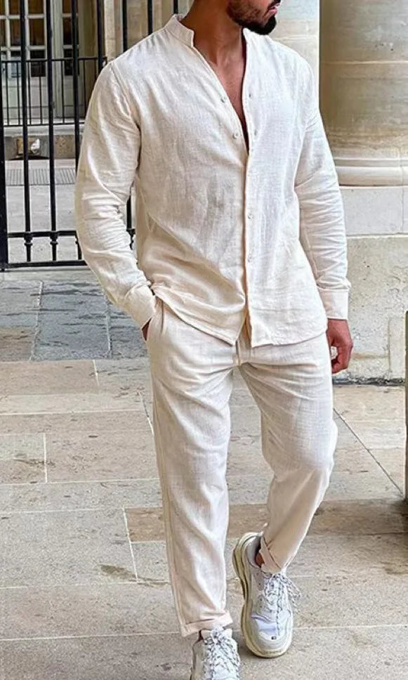 Men’s Casual Linen Outfit – Long Sleeve Shirt and Pants Set