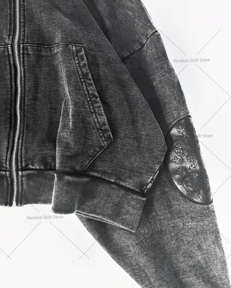 Retro Washed Embroidered Men's Hoodie Hip-Hop Streetwear Cotton Oversized Zip-Up Hooded Sweatshirt Stylish Couple's Activewear