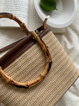 Hand Knitted Women’s Straw Bucket Handbag with Wooden Handle