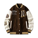 Men’s Embroidered Baseball Jacket – American Retro Brown Varsity Jacket | Fashion Autumn School Uniform Couple Jacket
