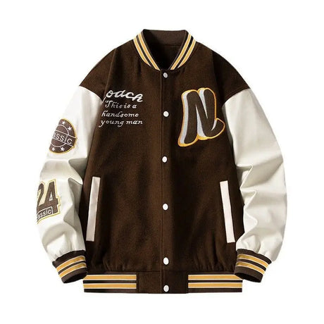 Men’s Embroidered Baseball Jacket – American Retro Brown Varsity Jacket | Fashion Autumn School Uniform Couple Jacket