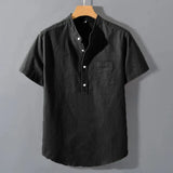 Men’s Short Sleeve Solid Color Stand Collar Cotton Shirt