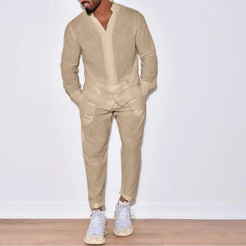 Men’s Casual Linen Outfit – Long Sleeve Shirt and Pants Set