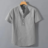 Men’s Short Sleeve Solid Color Stand Collar Cotton Shirt